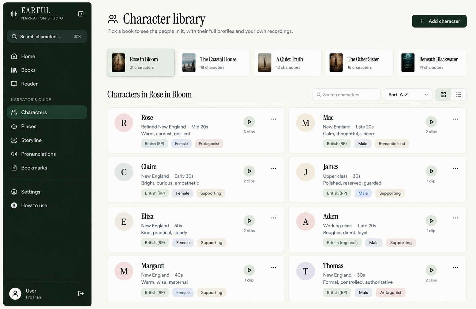 Earful's character library for Rose in Bloom, with cards showing each character's accent, age, traits and voice clips
