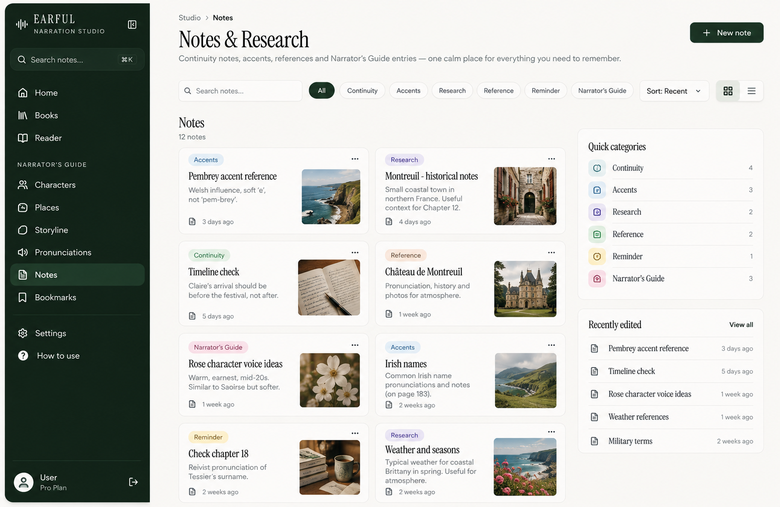 Earful's notes page with note cards grouped by continuity, accents, research and reference