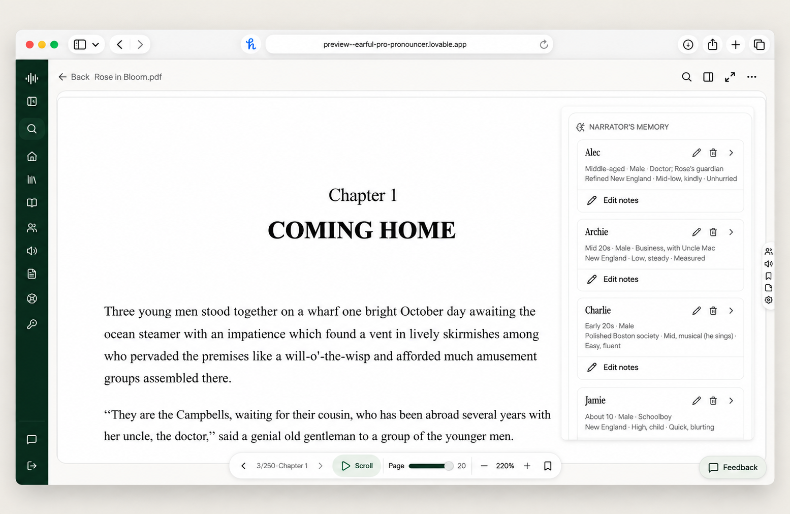 The Earful manuscript reader: a chapter page with pace and text-size controls and a side panel listing characters and tricky pronunciations on that page