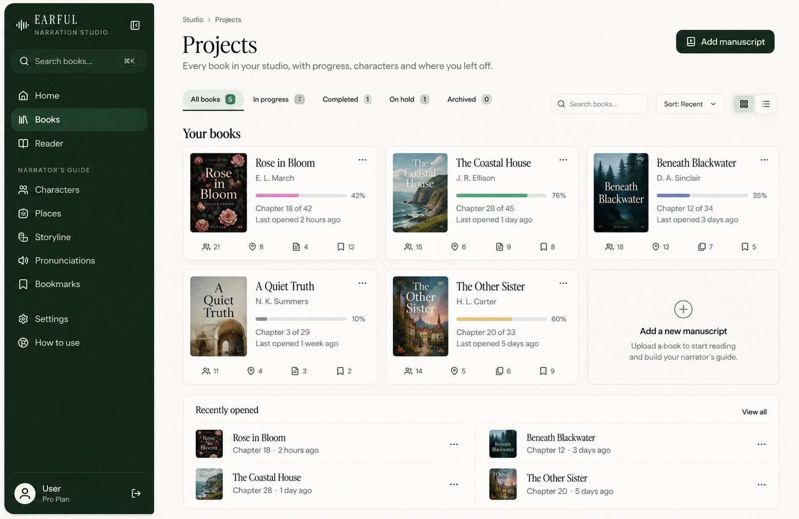 Earful's books page with cover cards, reading progress and counts of characters, places and bookmarks